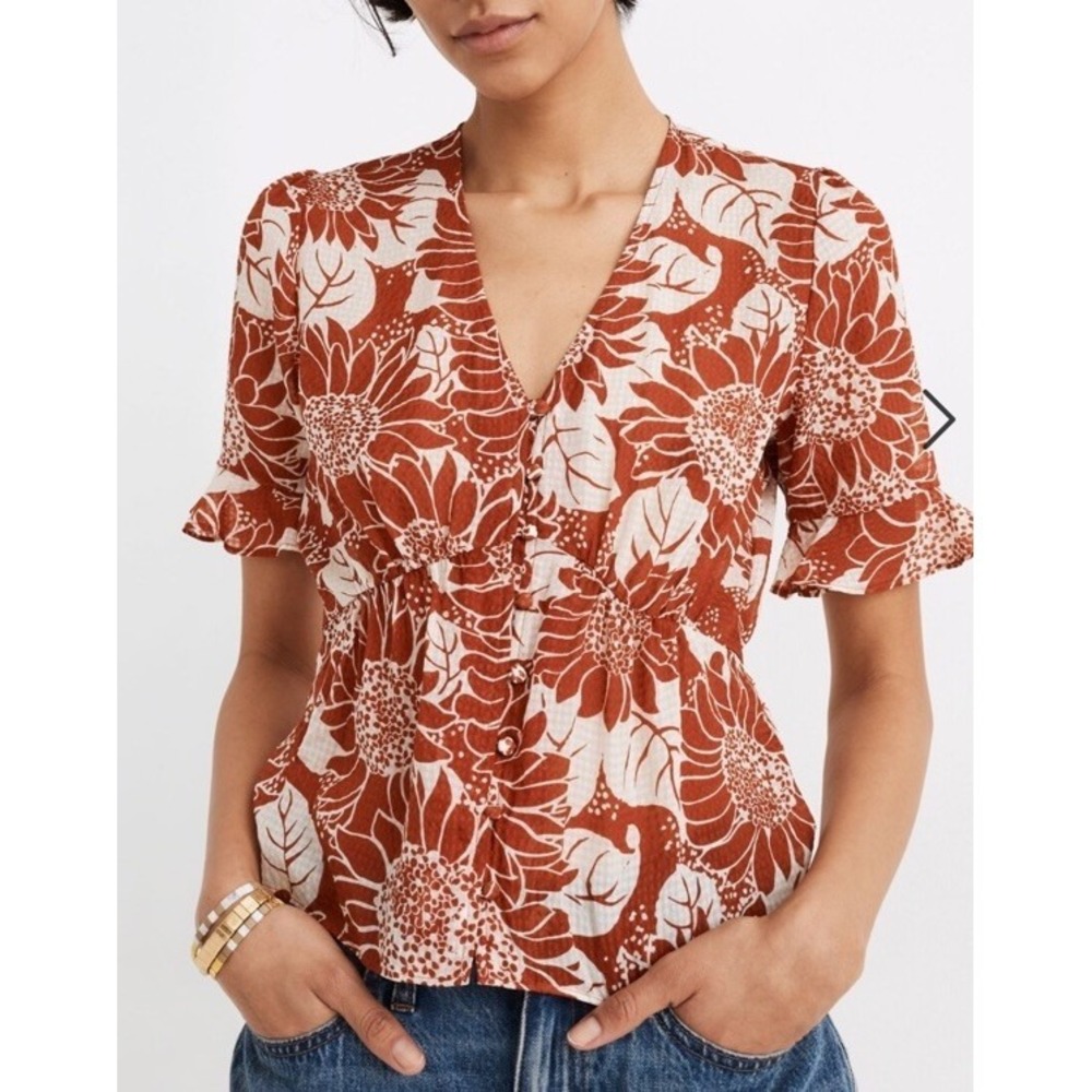 Madewell NWT Silk Journal Keyhole-Sleeve Floral Sunflower Blouse Rust Cream Sz4